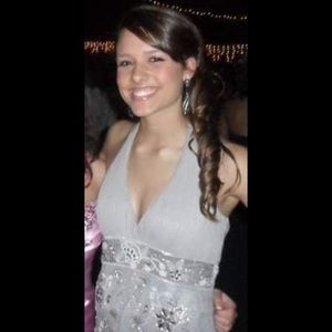 Grey heavily beaded dress with lace overlay.